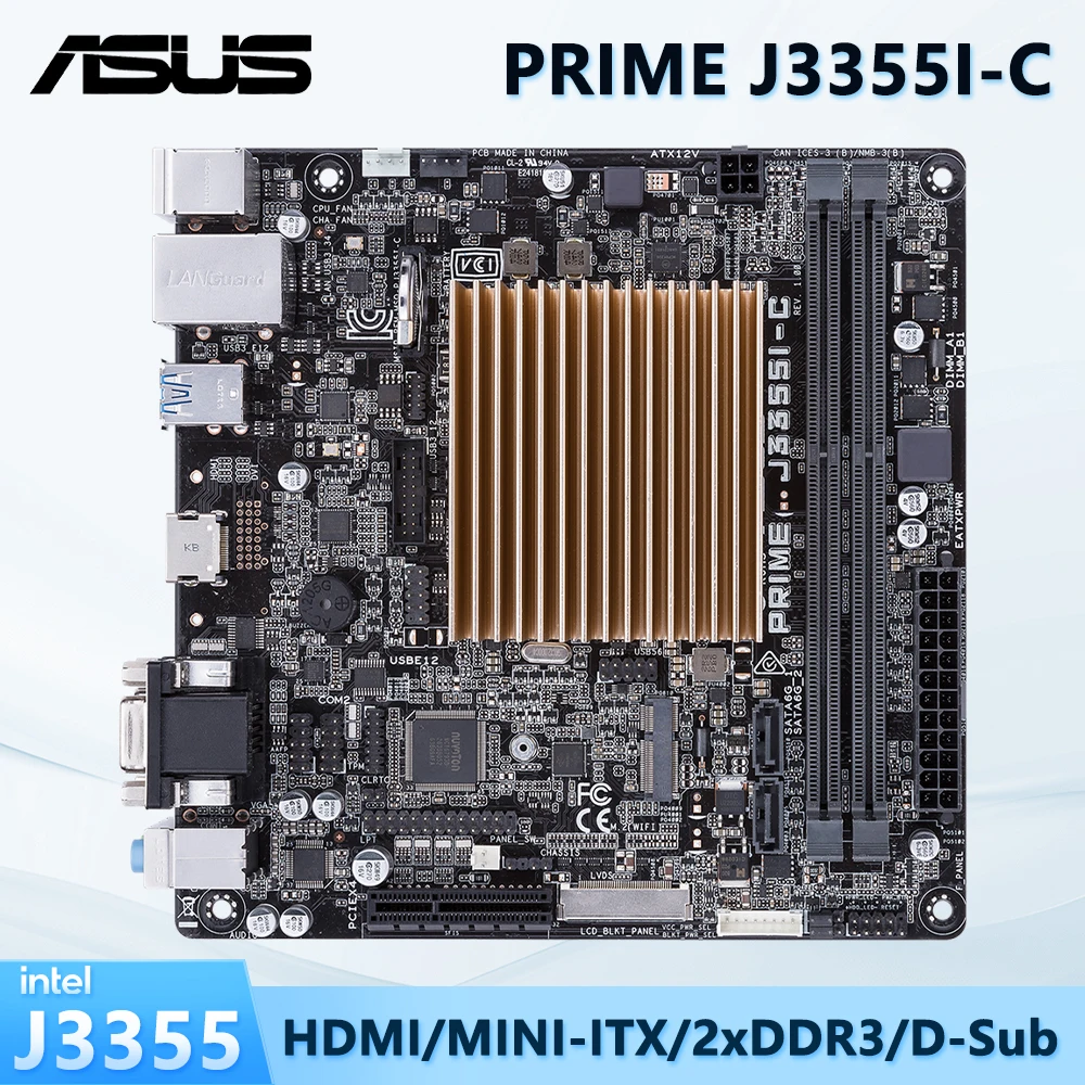 

ASUS PRIME J355I-C, материнская плата Mini-ITX с низким энергопотреблением для процессоров Intel Celeron Soc J3355 с поддержкой HDMI/D-Sub/LVDS