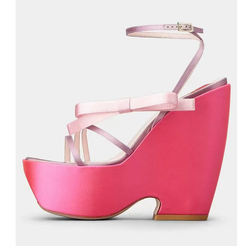 

Wedge Heel Open Round Toe High Heels Straight Buckle Simple Fashionable Large Size Sandals Satin Color Matching Women Shoes