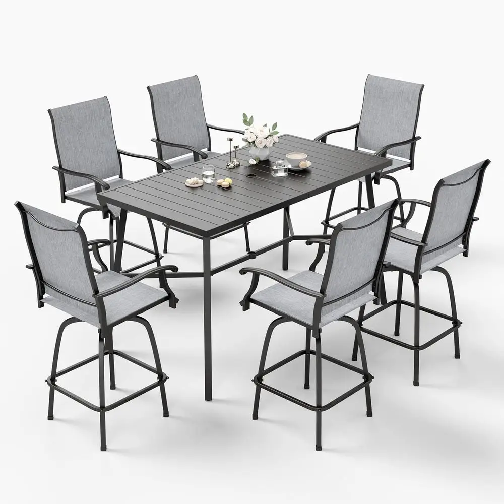 

6-Piece Grey Swivel Bar Chair Set with Black High Bar Table for Outdoor Patio Dining