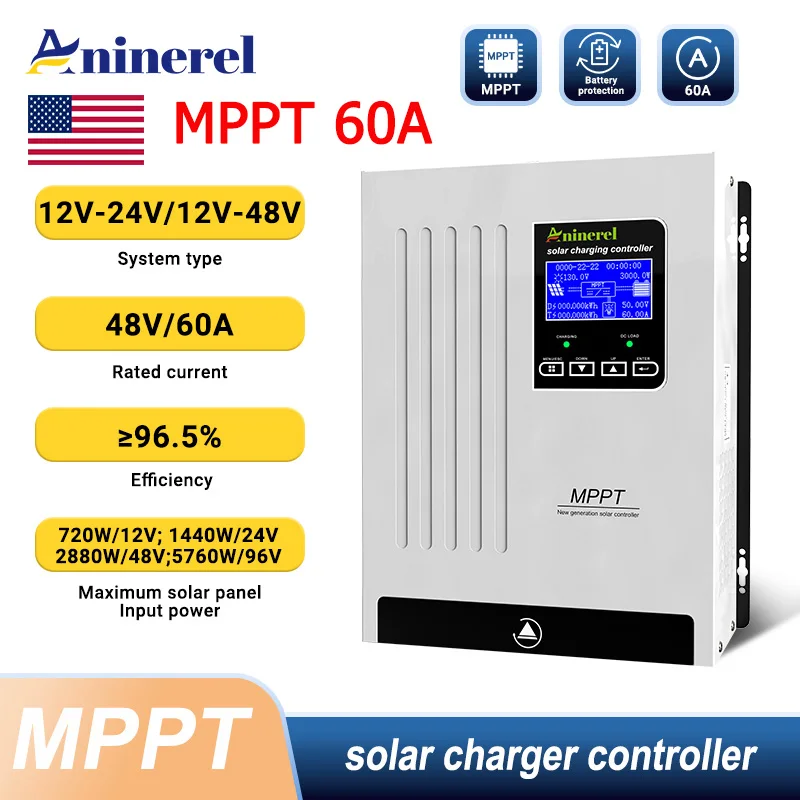 Aninerel 60A MPPT Solar Charge Controller 12V/24V/36V/48V Auto Max Solar Charger Max 150VDC Back-light LCD Solar Regulator