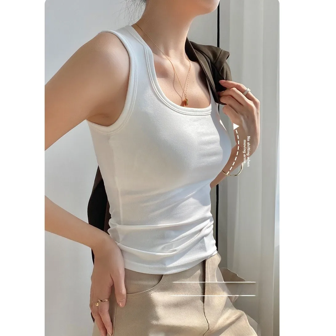 Cseta Regata Fena de Aodão Puro com Decote em U, Alta Elasticidade, Estilo Curto, Roupa Interior com Alça Fixa