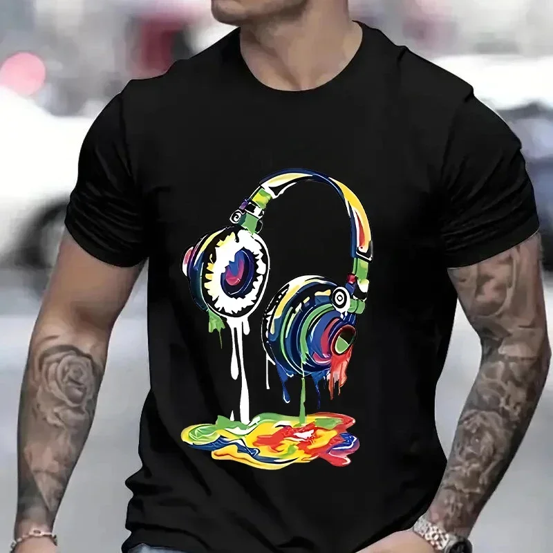 Summer Men's Oversized Clothing Hip Hop Melting Headset Graphic Tee Shirt Men Casual Streetwear Funny Printed Tops Cool T-shirt