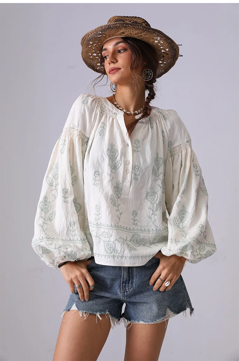 

French Boho Style Shirt Blouse Floral Embroidery Spring Summer Elegant Long Lantern Sleeve Loose Vocatoion Flower Blouses Tops