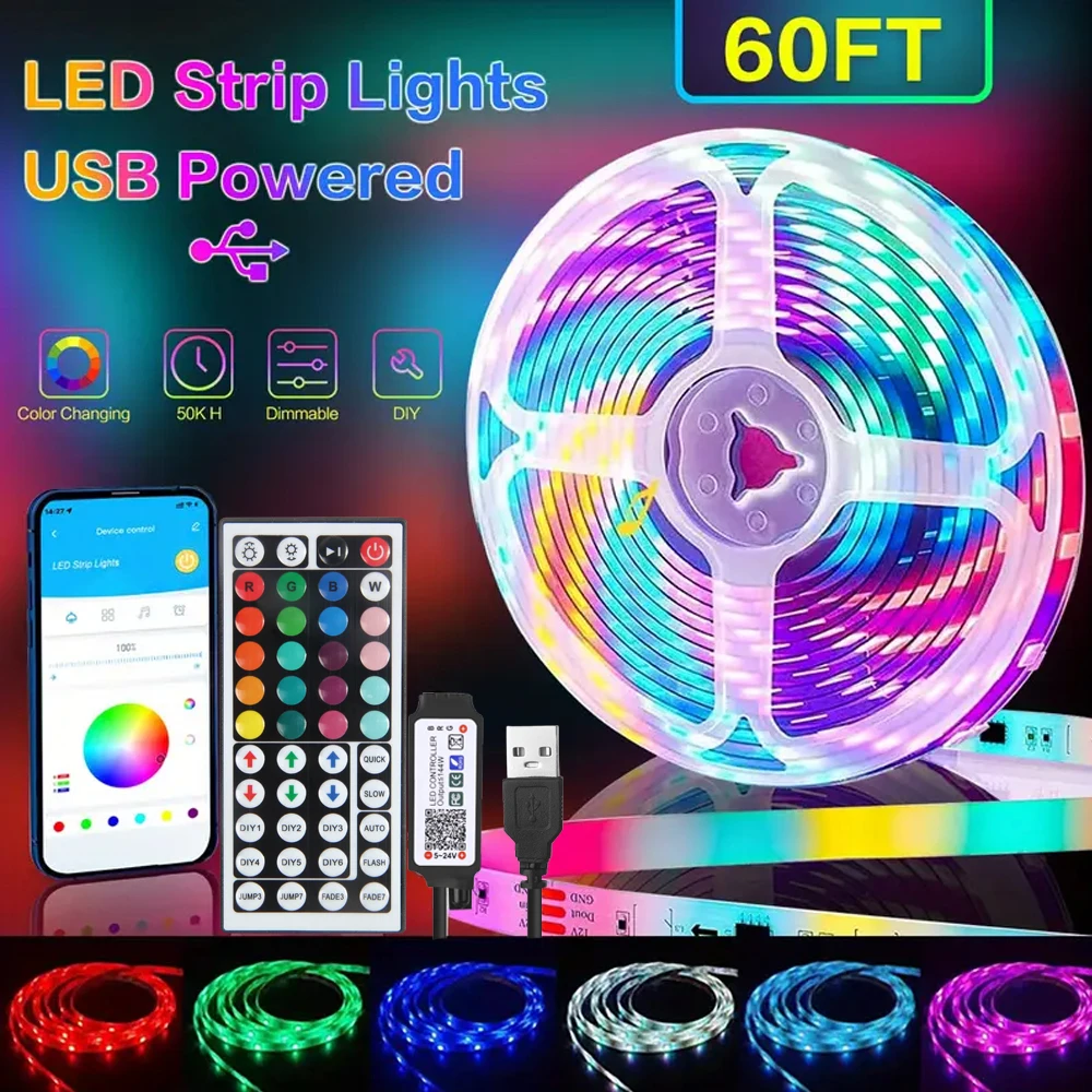 

1M-15M светодиодные фонари для подсветки телевизора, управление через приложение с 44-клавишным пультом дистанционного управления, гибкая лента, лампа для гостиной, вечеринки, украшения комнаты