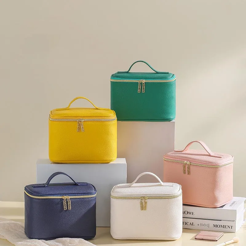 PU Lychee Pattern Leather Makeup Bag Women Large Capacity Handheld Cosmetic Bags Portable Travel Storage Toilet Bag