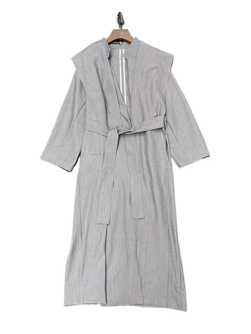 Woolen Trench Coat Women 2024 Spring and Summer New Removable Hat Tie Belt Long Windbreaker Jacket