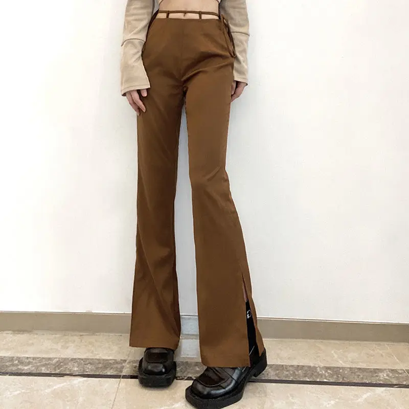 Rapcopter Brown Lace-up Micro-Pull Suit Pants Women's Hollow Wide-Leg Split Mop All-Matching Casual Pants Streetwear Dress Pants