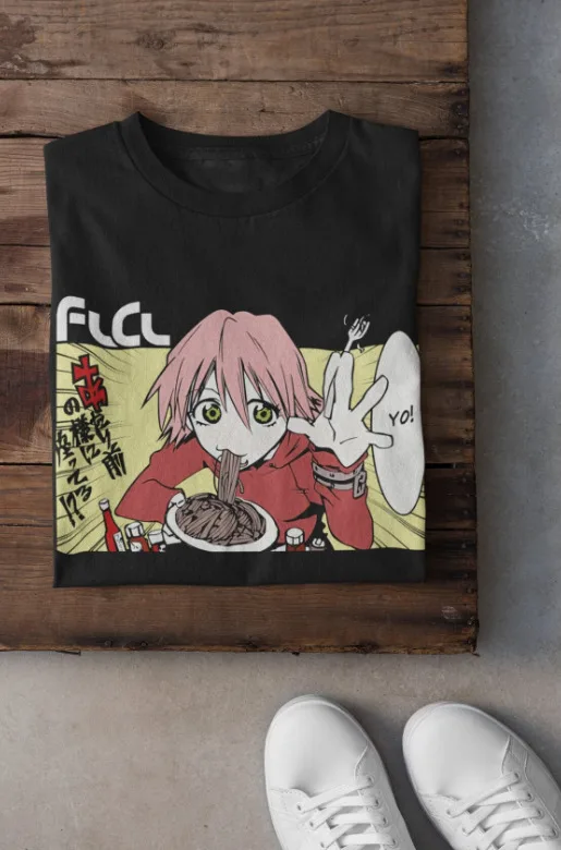 Unisex FLCL Anime T-Shirt, Fooly Cooly Haruko Haruhara Noodles Manga Shirt