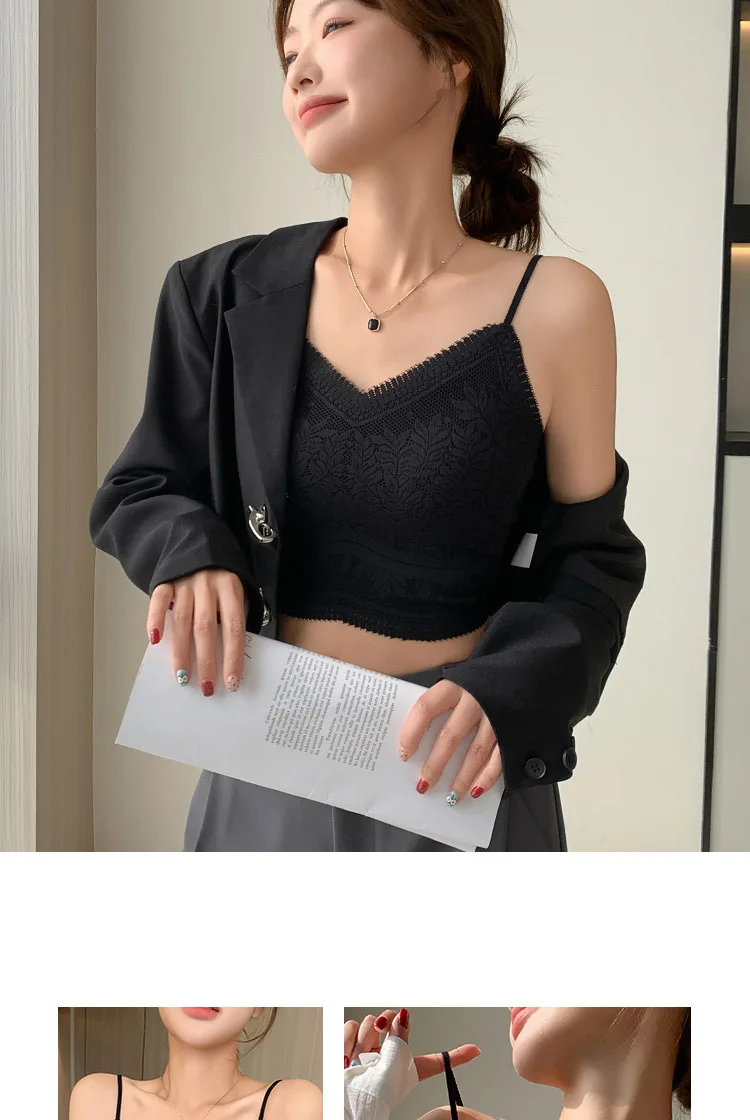 Die neue Damen-Spitzenweste mit nahtlosem kleinen Neckholder, Wickelbrust, nahtlose Unterwäsche, eine Tasse, rutschfester BH, Y2k-Top, Tank-Top, Neckholder – Detail 18