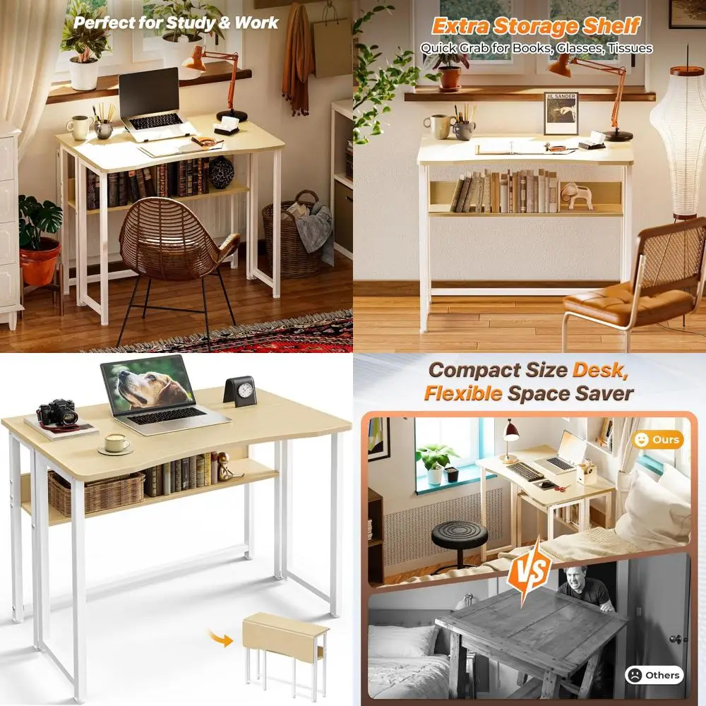 مكتب مدمج قابل للطي من خشب البلوط 31.5 مع مساحة تخزين للمساحات الصغيرة ومنطقة الأريكة، مثالي للكتابة والعمل المكتبي