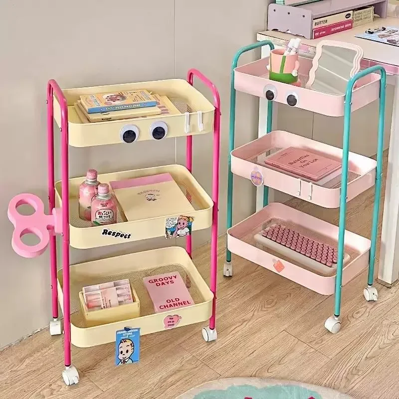 

3 Layer Contrast Color Trolley Storage Shelf Multi-layer Trolley Organizer Mobile Cosmetics Snack Storage Rack Bathroom Shelf