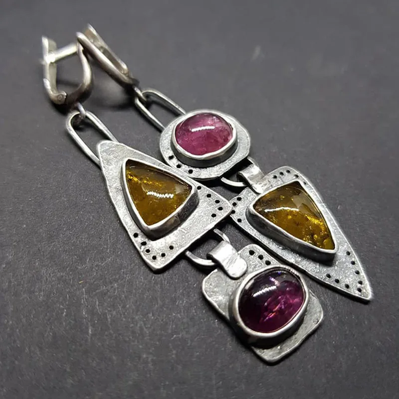 Vintage Triangular Asymmetry Dangle Earrings for Women Geometric Purple & Orange Crystal Inlay Jewelry Pair
