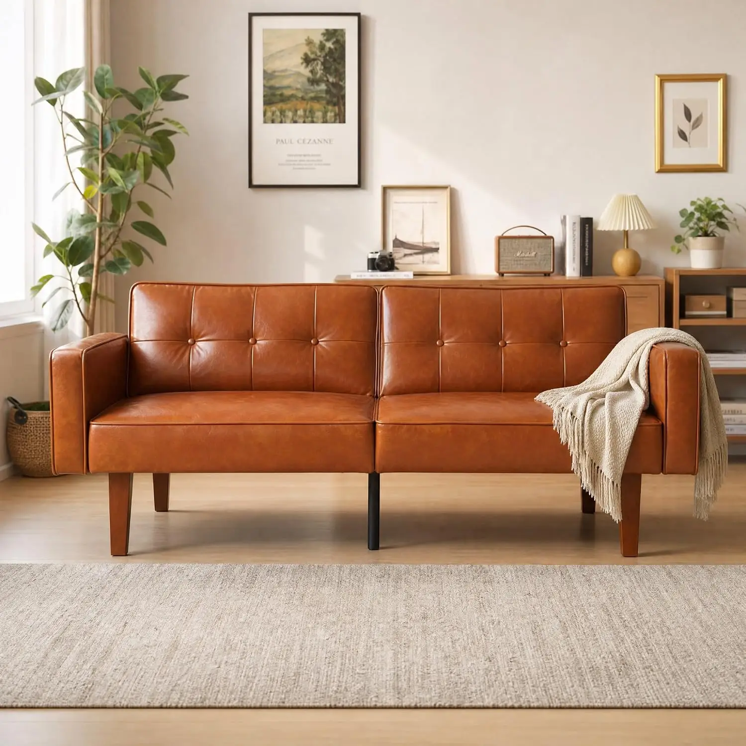 Convertible Futon Sofa Bed Split Back, PU Leather Arms Button Tufted Loveseat Sleeper Small Spaces RV Living Room, Customized