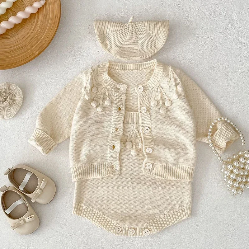 2025 New Autumn 0-3Yrs Toddler Baby Girls Clothing Sets Long Sleeved Knitted Cardigan Coat+Jumpsuit Children Clothes Suit