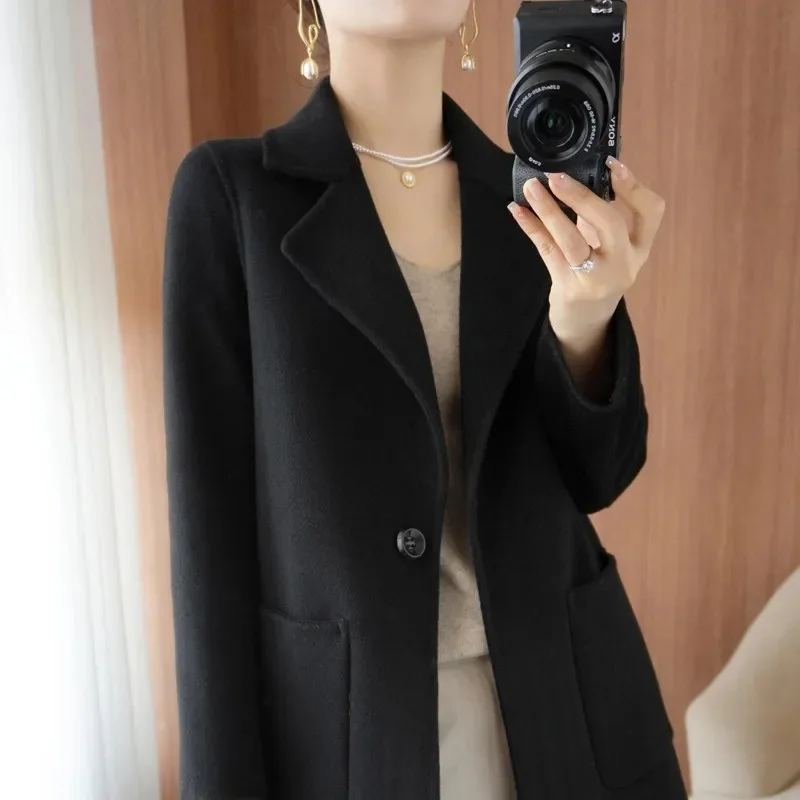 حجم كبير المرأة طويلة الأكمام لون نقي معطف الصوف سليم صالح ربيع 2025 نمط جديد صغير الحجم الراقية تنوعا العصرية #2