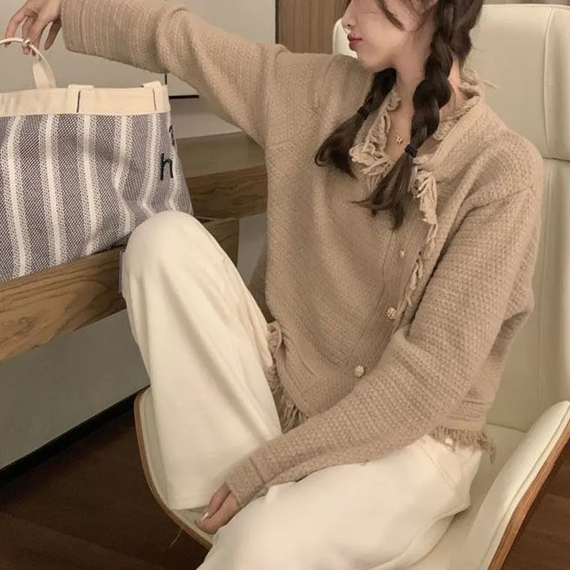 Stylish Tassel Loose Knitted Sweaters Female Clothing Casual Solid Color Autumn Winter O-Neck Commute Single-breasted Cardigan