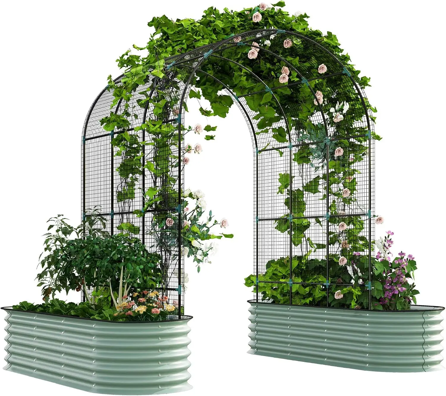 Galvanized Steel Raised Garden Bed Outdoor Planter Box, Large Rectangular Metal Gardening Container With Climbing Arch Trellis And Net, Patio Backyard Deep Soil Planting Kit Open Bottom, Gray Single Piece