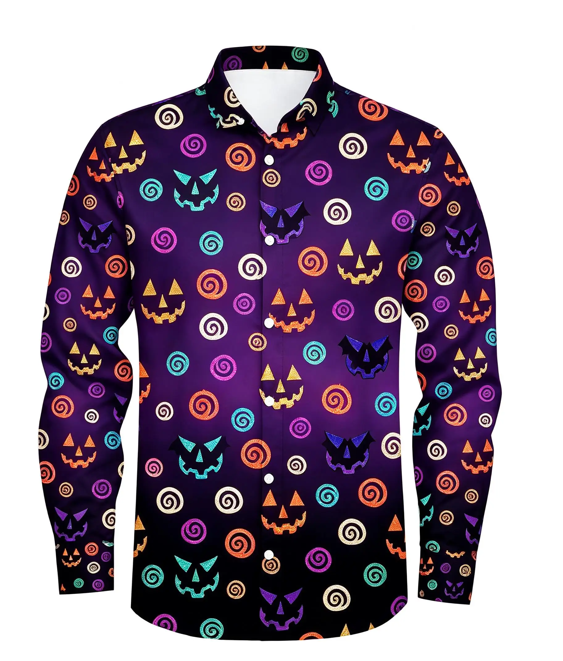 Men Long-Sleeve Button-Down Shirt Purple Black Gradient Pumpkin Lantern Print Polyester Lapel Collar Halloween Top