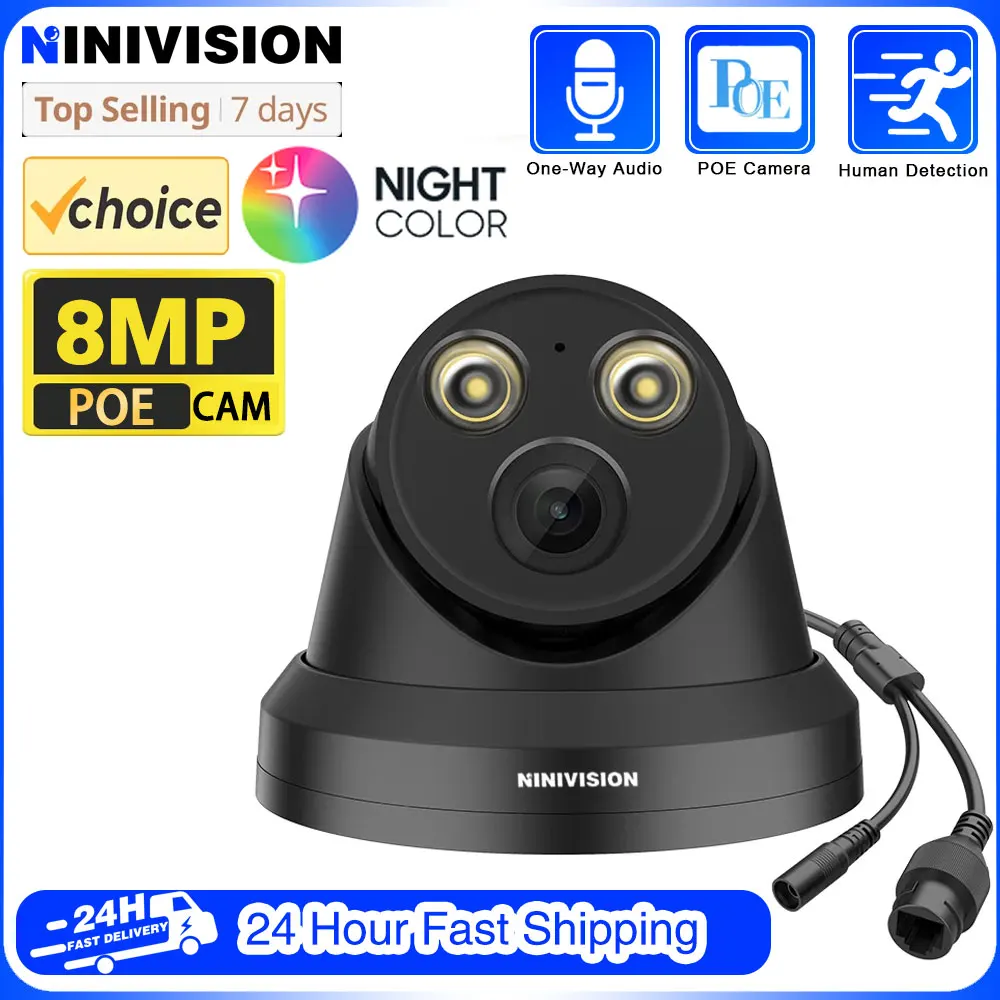 NINIVISION 8MP IP Camera 4K PoE IPC Mini Dome Built-in Mic IP67 Smart Dual Light Ful-Color IR Surveillance Video IPC Security