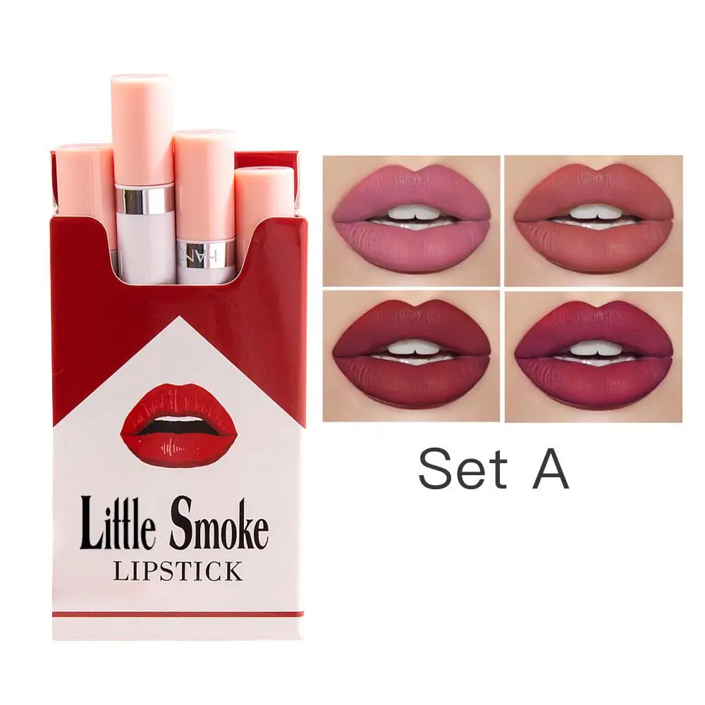 Juego de lápiz labial de cigarrillo creativo, lápiz labial mate de larga duración, resistente al agua, tubo de terciopelo rojo Nude, maquillaje de tinte de labios, 4 colores por juego