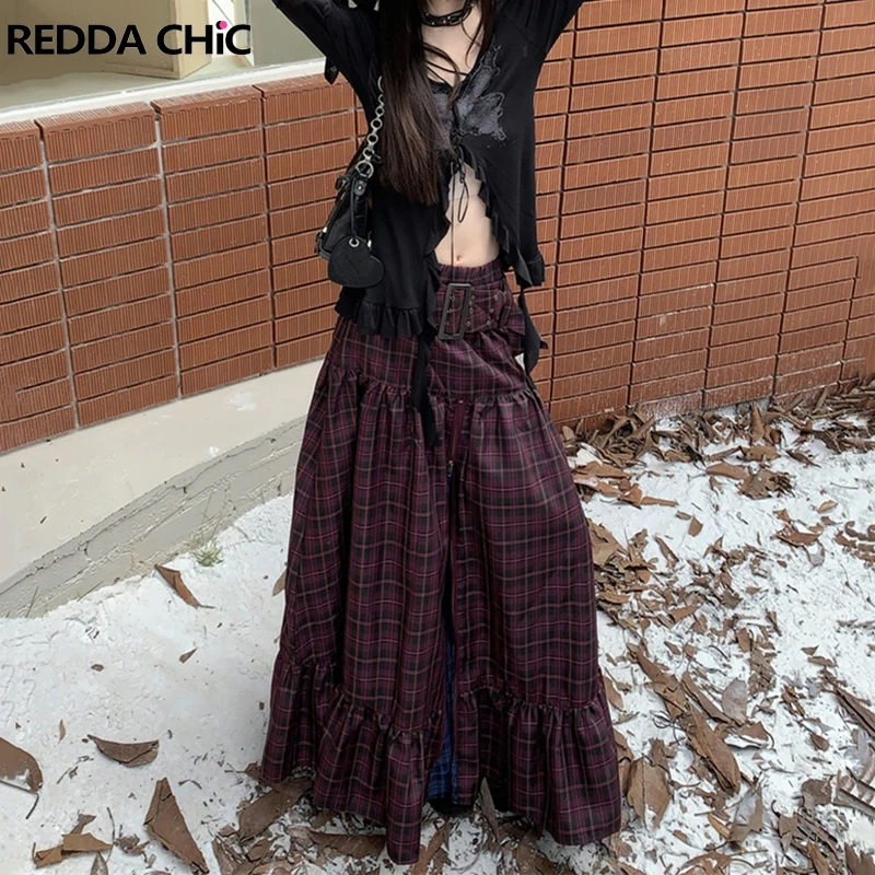 

REDDACHiC Y2k Retro Red Plaid Belted Skirt Women Zipper Patchwork Low Rise Ruffle Balloon Skirt Loose Fit Casual Maxi Long Skirt