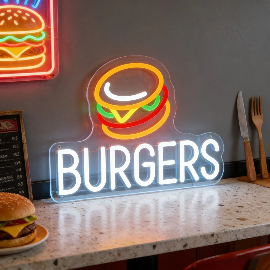 

Неоновая вывеска «Бургеры» с разноцветной LED-подсветкой, USB, с регулировкой яркости, для декора стен в кафе, ресторане, на кухне, в фастфуд-закусочной, подарок