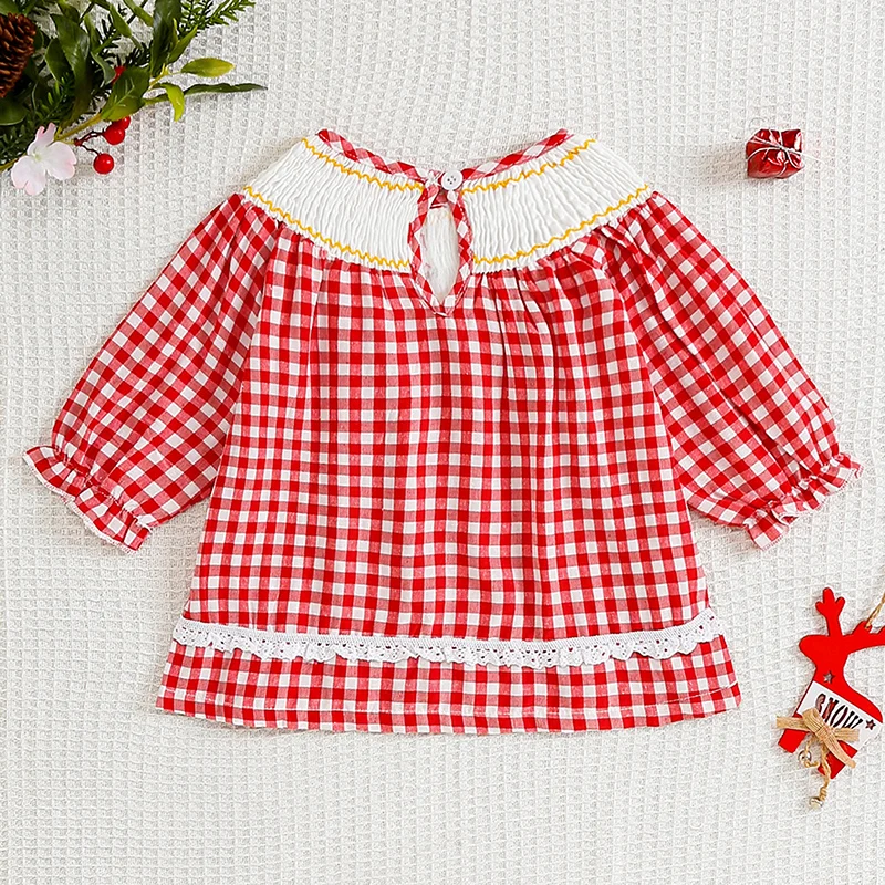 Camisas de manga larga para niñas pequeñas, ropa de Navidad, blusas de cuello redondo con bordado de Papá Noel a cuadros, Tops casuales de otoño