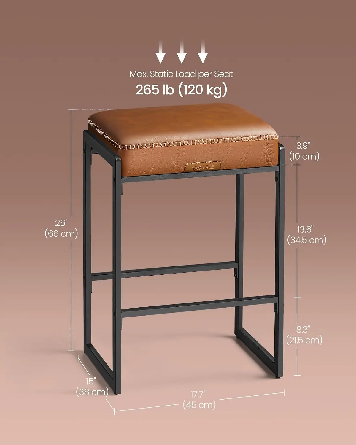 Synthetic Leather Bar Stools Set Of 2, 26 Inch Counter Height Barstools With Stitching, Mid Century Modern Bar Chairs For Kitchen Island, Home Bar, Dining Room, Caramel Brown view 2