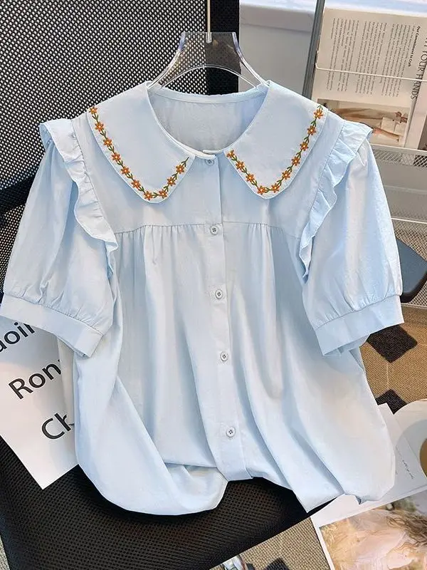 Colar de boneca bordado ort sve feminino irt versátil formal sle verão novo design redução de idade topo na moda