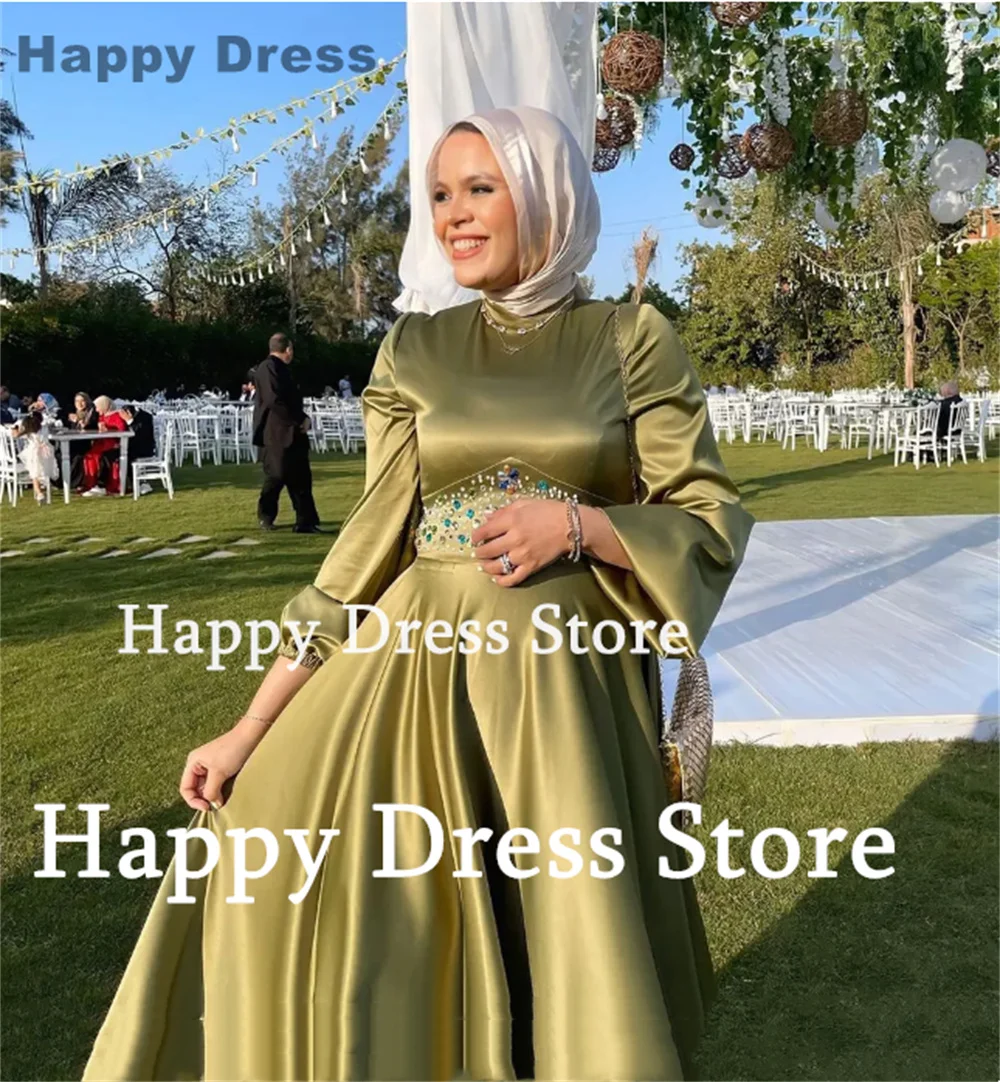 Happy Dress 2024 Arab Muslim Wedding Party Dress Classic High Neck Long Sleeves Satin Waist Beads A-Line Formal Evening Dress