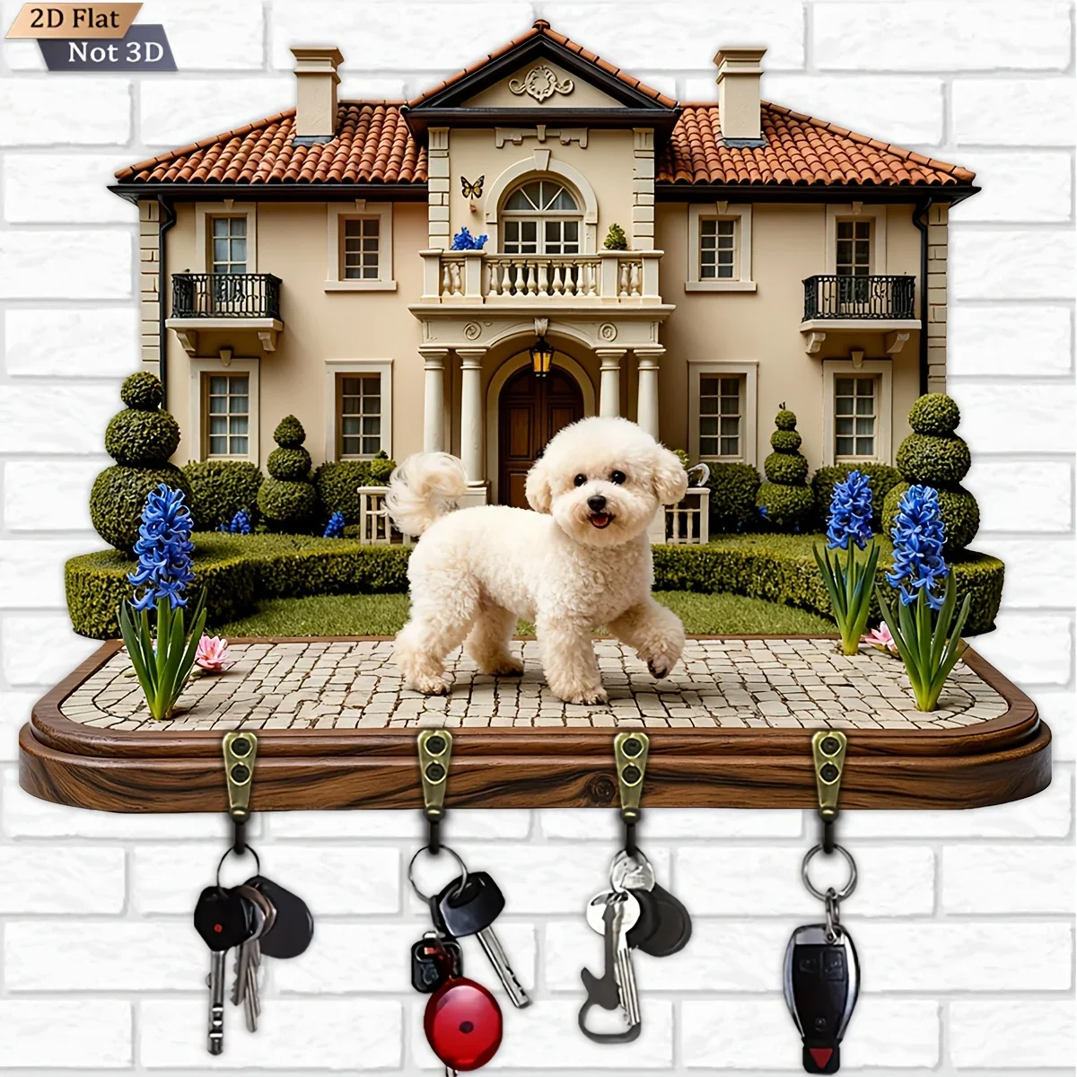 2D Flat, 1pc, dog-shaped key hook, wooden multifunctional home key rack, with four metal hooks, wall decoration, porch
