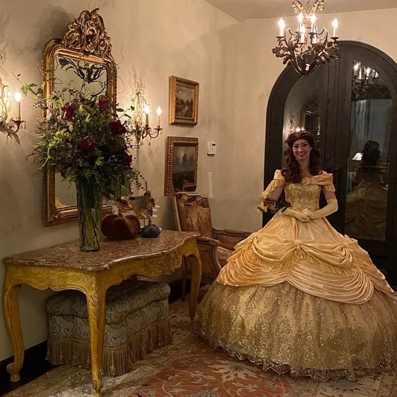 Vestido de quinceañera de oro brillante, corsé con cordones, apliques de cosplay góticos, vestido largo dulce 16, fiesta de graduación, vestido de cumpleaños