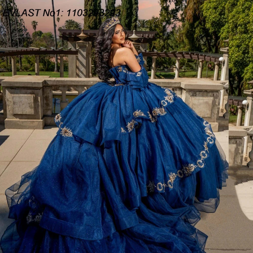

EVLAST индивидуальное темно-синее бальное платье принцессы Quinceanera, золотое кружевное платье с аппликацией и бисером, Sweet 16, Vestidos De 15 Anos E1QN73