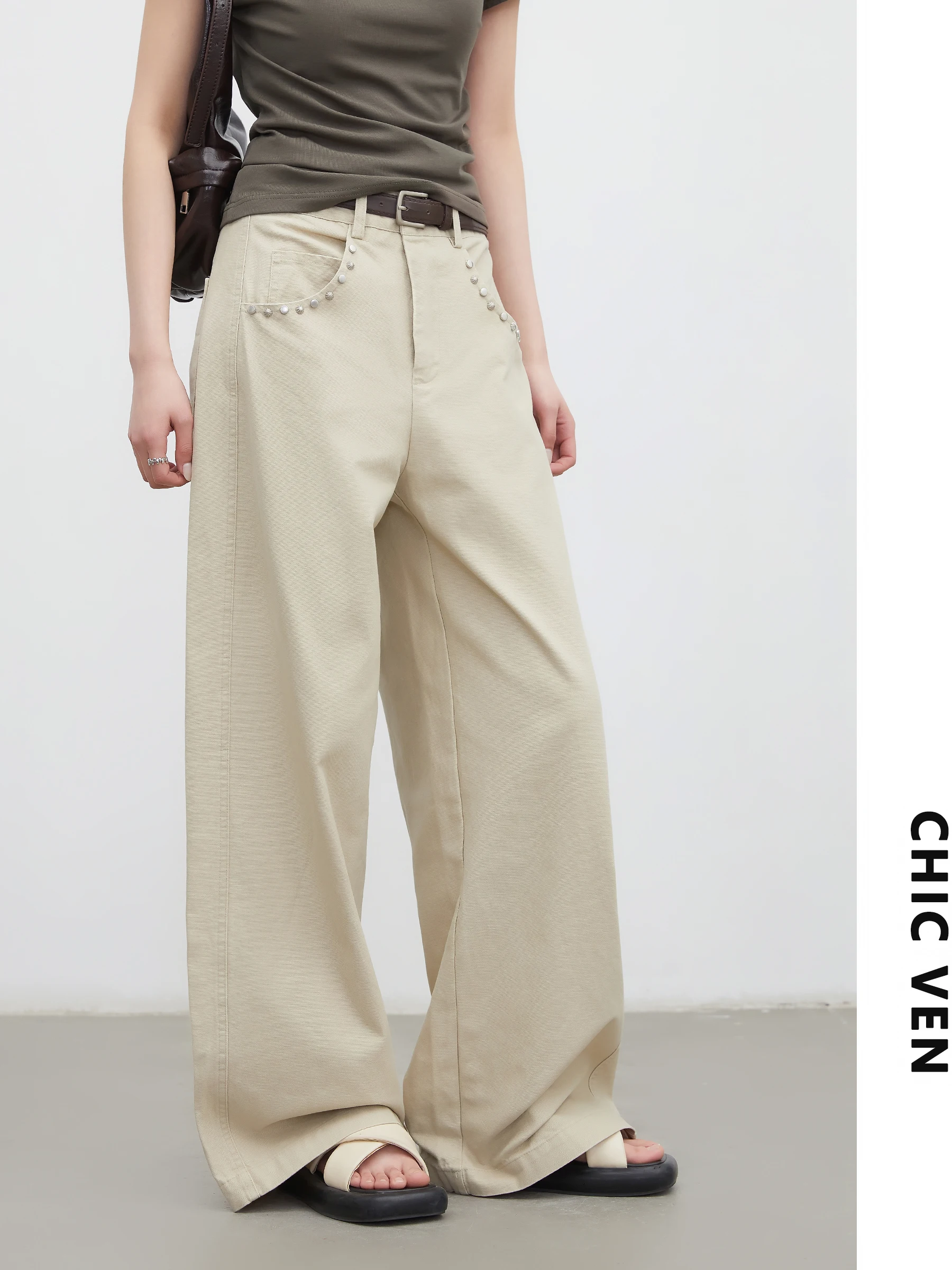 

Silver Rivet High Waist Wide Leg Pants Women's Casual Drapey Straight Cut Trousers Chicven Cotton Comfortable Breathable