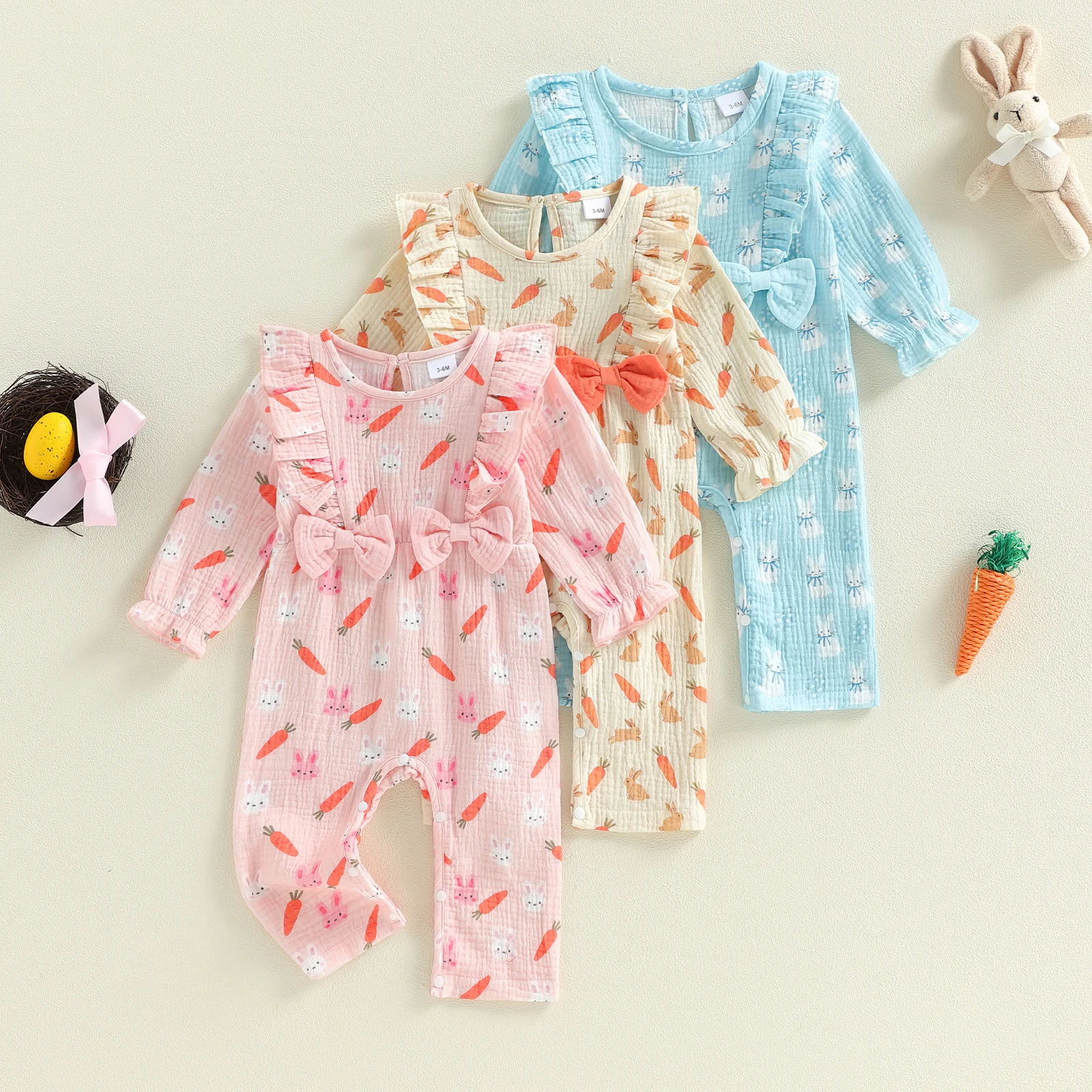 Baby Girl Easter Casual Jumpsuit Long Sleeve O Neck Ruffle Trim Egg Bunny Print Romper