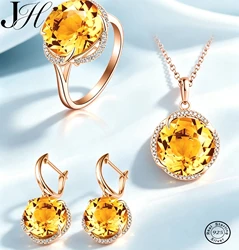 JoiasHome Charms Jewelry Sets for Women Fashion Yellow Crystal Ring Earrings Necklace Female Party Silver 925 Jewelry Wholesale