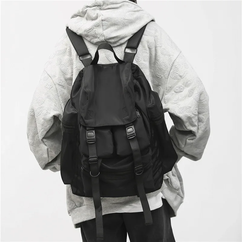 Solid Black Men\'s Backpacks Cool Streetwear Style Man Backpack Harajuku Large Capacity School Bags Waterproof Nylon Bags for Men