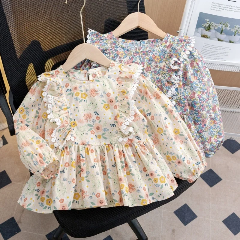 

Girls' Floral Shirt 2026 Spring and Autumn New Style Children's Stylish Cute Shirt Long Sleeved Top Children's Gift 2-8T