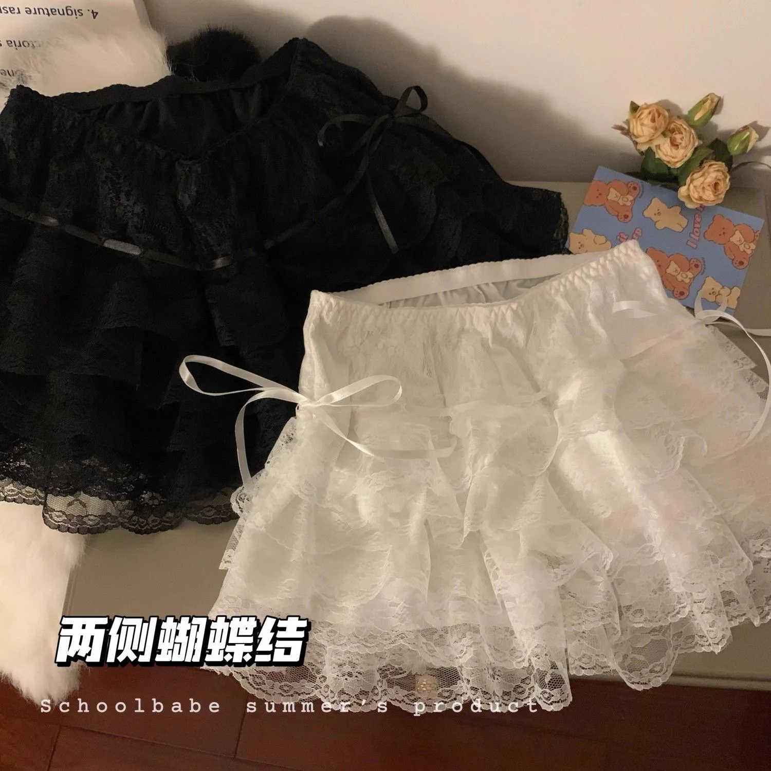 Black white pleated Floral Lace Lolita Safety Pants Women Summer Shorts Petticoat Underpants Girls Fashion Princess Loose Shorts