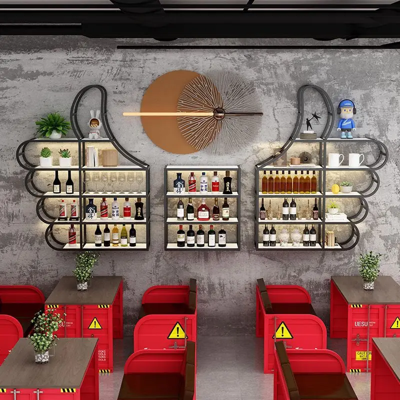 New bar counter wine cabinet storage rack wall hanging restaurant creative wall red wine rack display rack luminous wrought iron