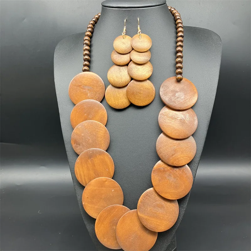 Statement Africa Nigera Style Colorful Round Wood Necklace Earrings Set Bohemian Long Wooden Disc Necklace For Women