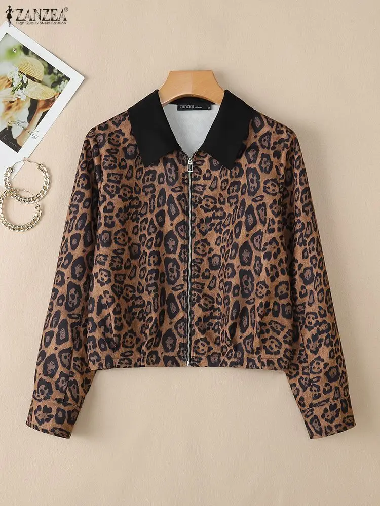 

Женские короткие куртки с леопардовым принтом, осень 2021, стильная верхняя одежда на молнии с отложным воротником и длинными рукавами ZANZEA, модная уличная одежда 3XL