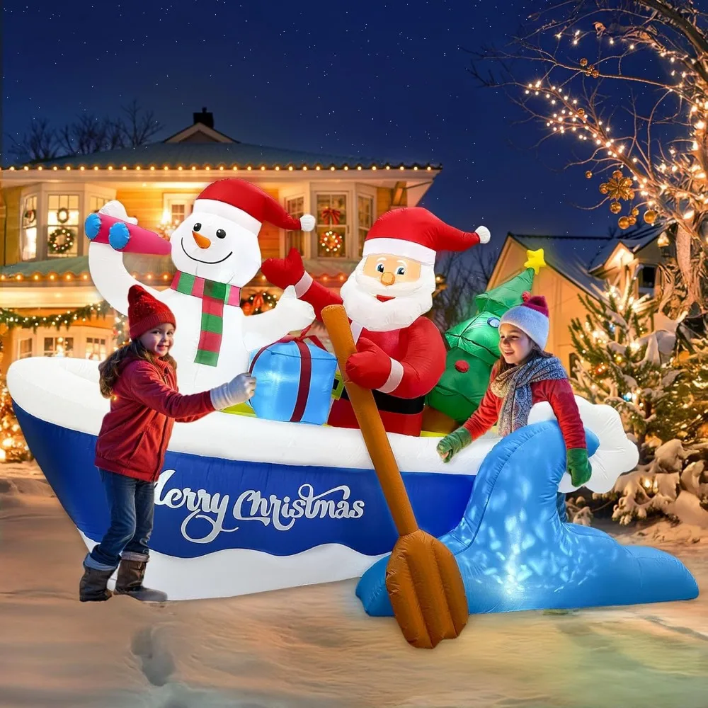 8FT Christmas Inflatable Outdoor Decoration, Christmas Blow Ups Santa Rowing Boat with Snowman