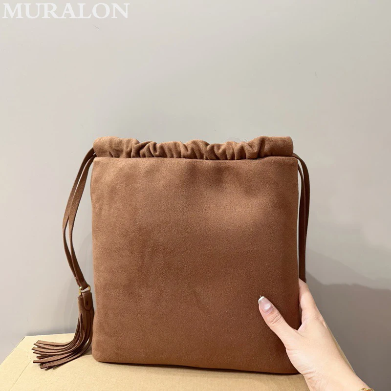 Niche Design Retro Suede Tassel Tote Bag Drawstring New Simple Classic Fashion All-match Handbag Vintage Casual Underarm Bag