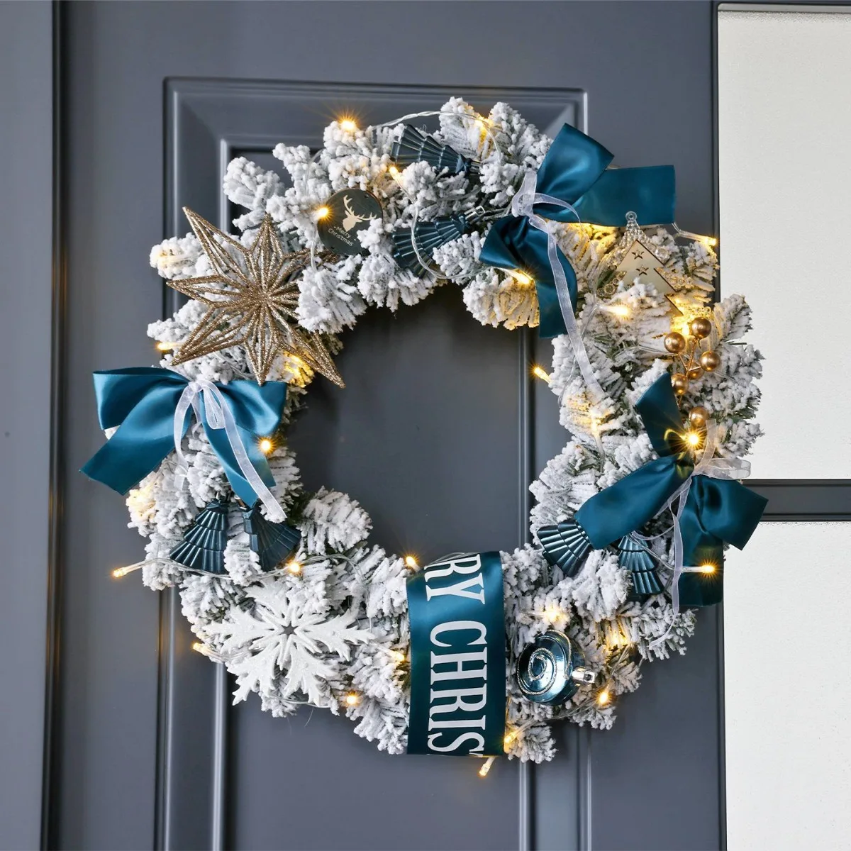 Christmas Wreath  White Blue Snow Flocked Winter Wreaths with Xmas Ball Bow Ribbon Gifts Box Snowy Flocked Xmas Wreath Decor