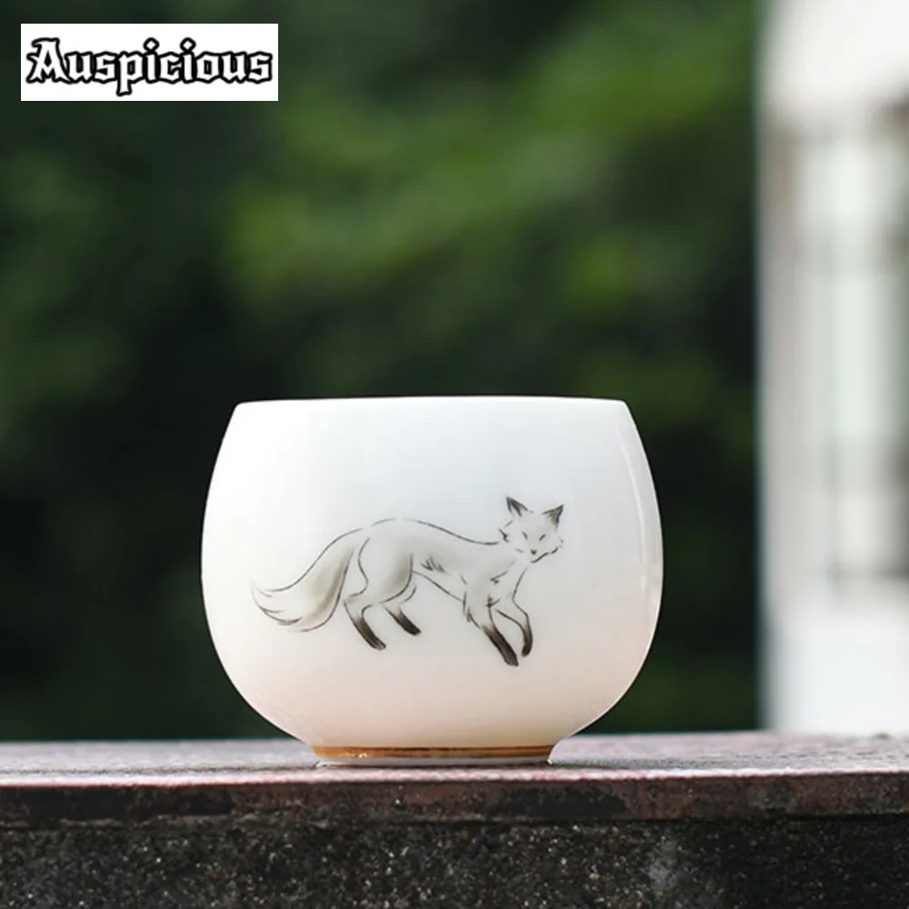 120ml Creative Ink Fox Teacup Elegant White Porcelain Tea Bowl Fragrance Cup Coffee Mug Master Cup Tableware Accessories Craft