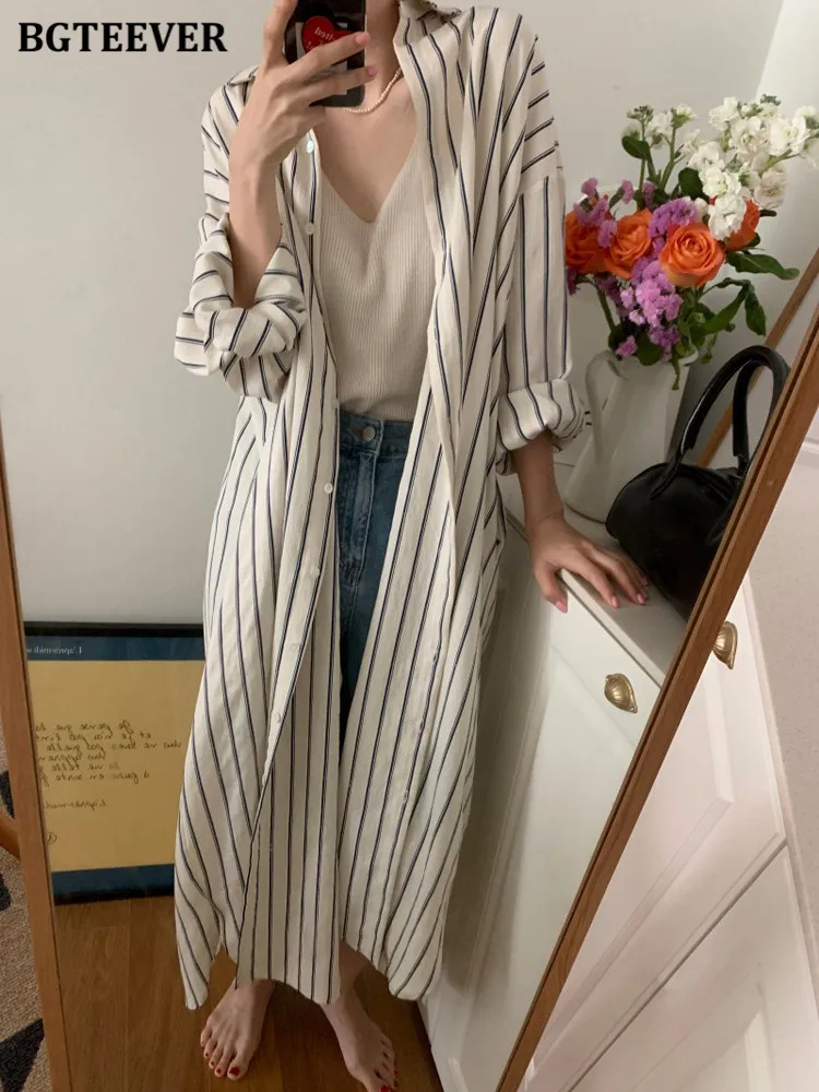 BGTEEVER Casual Turn-down Collar Loose Striped Shirt Dress Women Spring Autumn Single-breasted Oversize Ladies Dress vestidos