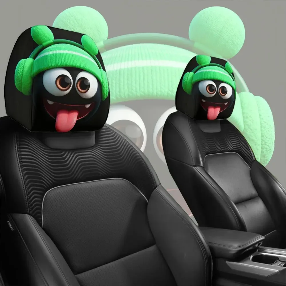 Funny Tongue Out Expression Car Decoration Headrest Cover Two Piece Set Green Lucky Color Matching Perfect Holiday Gift