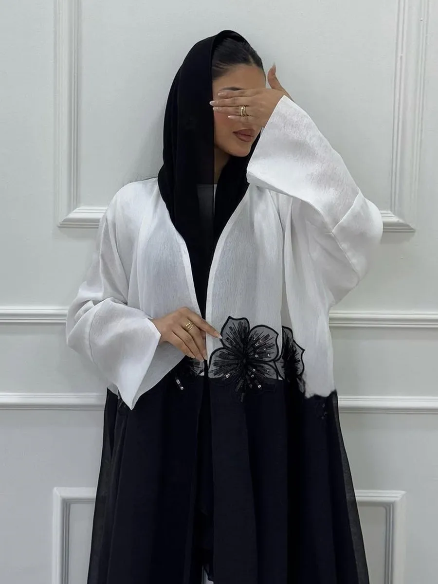 Femmes Eid dubaï Ramadan Abaya luxe mode musulmane Applique Kimono Cardigan pli Robe Maxi caftan Robe Femme Islam vêtements