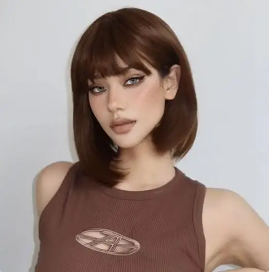 Short Brown Daily Wig with Bangs Natural Party Straight Bobo Synthetic Hair for Women Soft Silky High Density Wig Heat Resistant